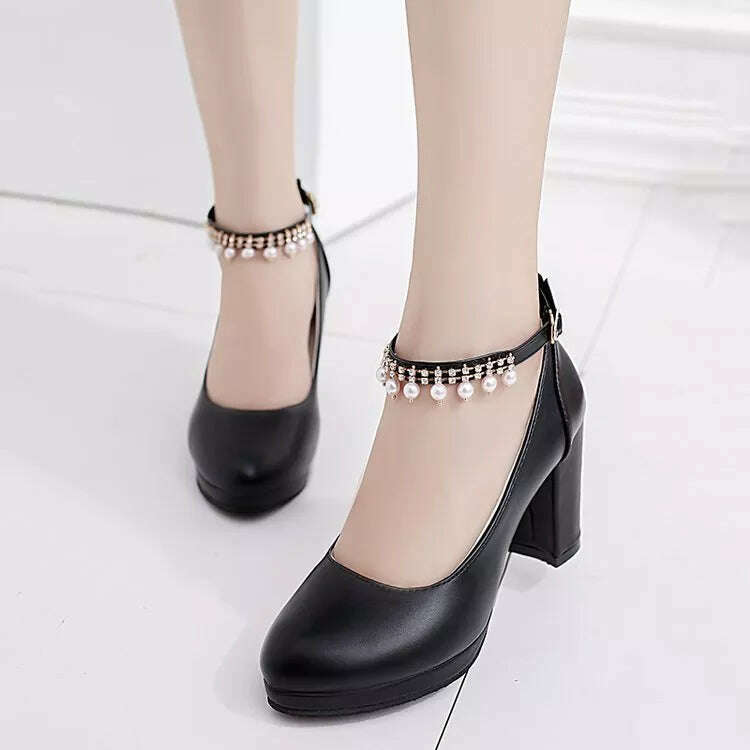 KIMLUD, Women's Wedding Shoes String Bead Ankle Strap Elegant Middle High Heel Dress Platform Bridal Pearl Pumps 8cm 2022 Autumn Leather, black 2 / 35, KIMLUD APPAREL - Womens Clothes