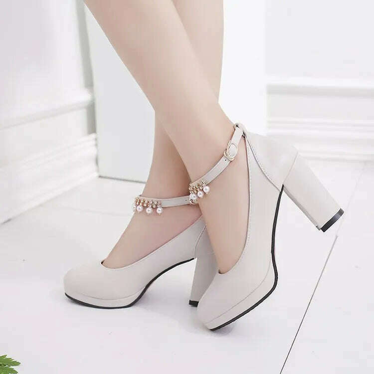 KIMLUD, Women's Wedding Shoes String Bead Ankle Strap Elegant Middle High Heel Dress Platform Bridal Pearl Pumps 8cm 2022 Autumn Leather, cream color 2 / 35, KIMLUD APPAREL - Womens Clothes
