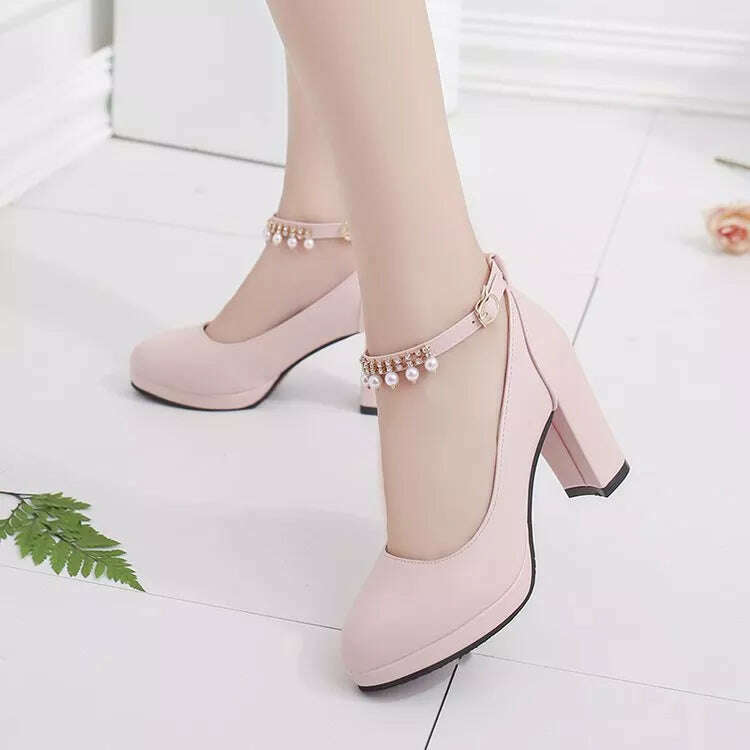 KIMLUD, Women's Wedding Shoes String Bead Ankle Strap Elegant Middle High Heel Dress Platform Bridal Pearl Pumps 8cm 2022 Autumn Leather, KIMLUD Womens Clothes