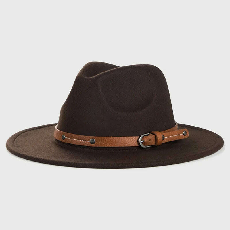 KIMLUD, Wool Fedora Hat For Women Men Winter Autumn Fashion Church Jazz Hats Viking British Flat Brim Felt Hat Outdoor Casual Fedoras, coffee / 56-58cm, KIMLUD APPAREL - Womens Clothes