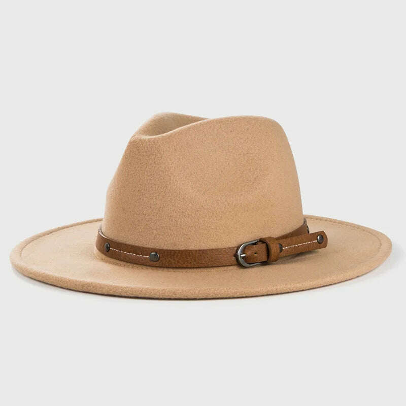 KIMLUD, Wool Fedora Hat For Women Men Winter Autumn Fashion Church Jazz Hats Viking British Flat Brim Felt Hat Outdoor Casual Fedoras, khaki / 56-58cm, KIMLUD APPAREL - Womens Clothes