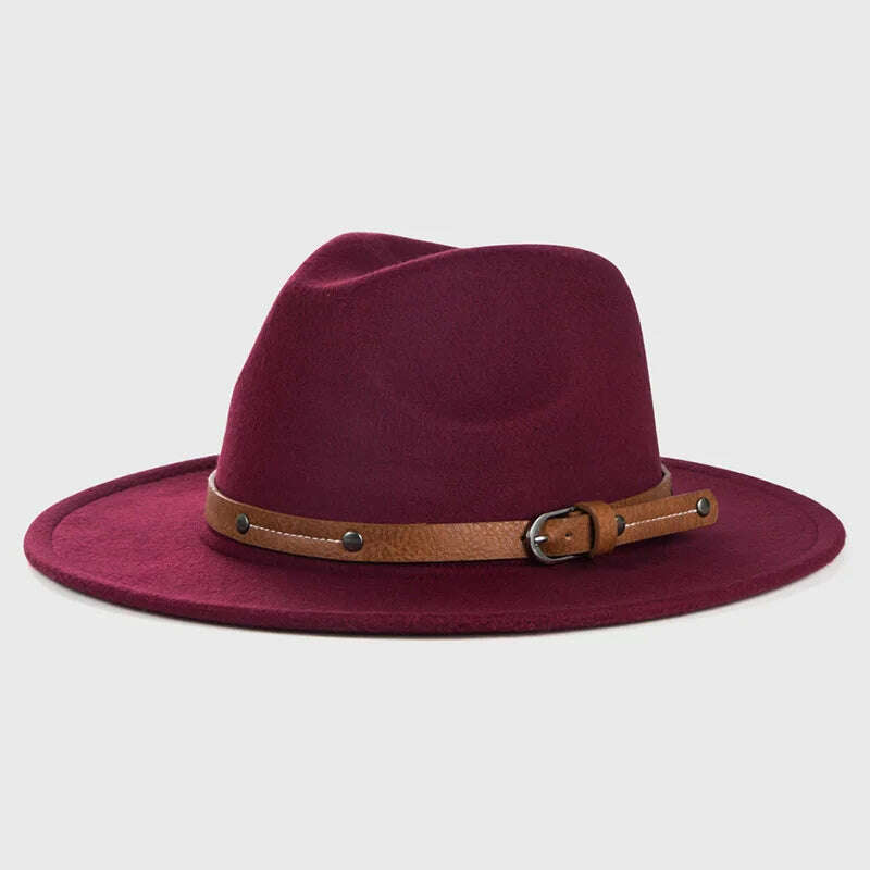 KIMLUD, Wool Fedora Hat For Women Men Winter Autumn Fashion Church Jazz Hats Viking British Flat Brim Felt Hat Outdoor Casual Fedoras, red / 56-58cm, KIMLUD APPAREL - Womens Clothes