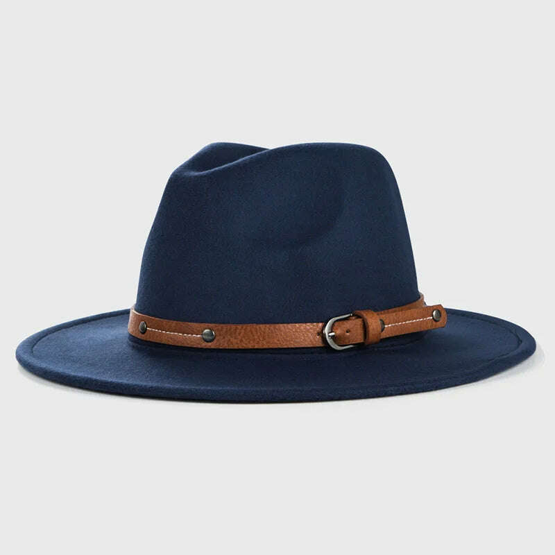 KIMLUD, Wool Fedora Hat For Women Men Winter Autumn Fashion Church Jazz Hats Viking British Flat Brim Felt Hat Outdoor Casual Fedoras, navy blue / 56-58cm, KIMLUD APPAREL - Womens Clothes