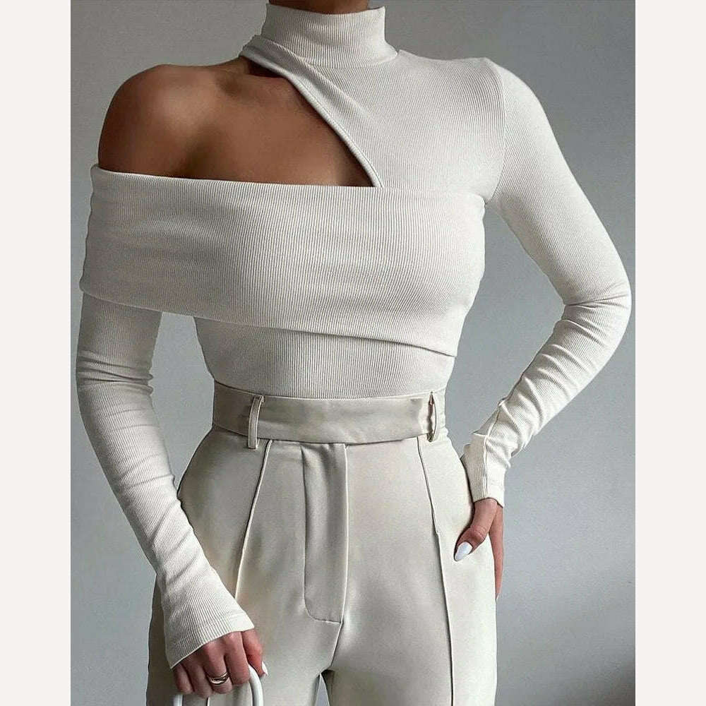 KIMLUD, wsevypo Women High-Collar Hollow-Shoulder T-Shirt Fall Winter Solid Color Long Sleeve Knitted Pullover Tops Chic Slim Fit Tees, KIMLUD Womens ClothesKIMLUD, wsevypo Women High-Collar Hollow-Shoulder T-Shirt Fall Winter Solid Color Long Sleeve Knitted Pullover Tops Chic Slim Fit Tees, White / L, KIMLUD APPAREL - Womens Clothes