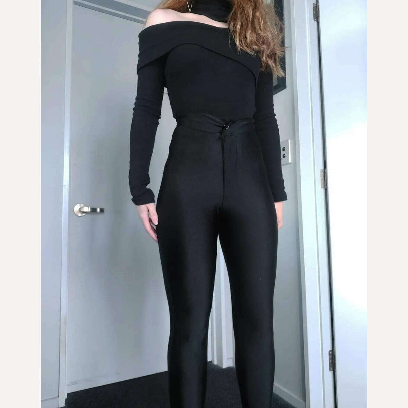 KIMLUD, wsevypo Women High-Collar Hollow-Shoulder T-Shirt Fall Winter Solid Color Long Sleeve Knitted Pullover Tops Chic Slim Fit Tees, KIMLUD Womens Clothes