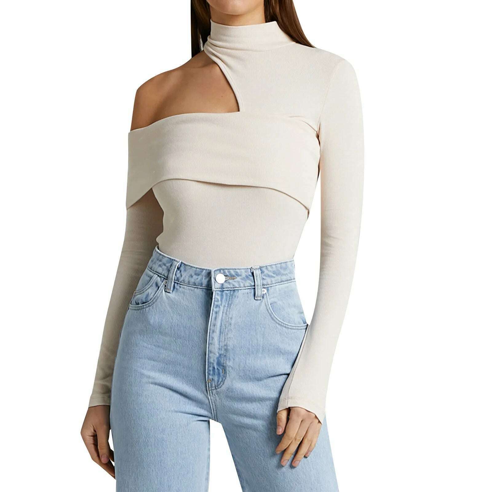 KIMLUD, wsevypo Women High-Collar Hollow-Shoulder T-Shirt Fall Winter Solid Color Long Sleeve Knitted Pullover Tops Chic Slim Fit Tees, KIMLUD Womens Clothes