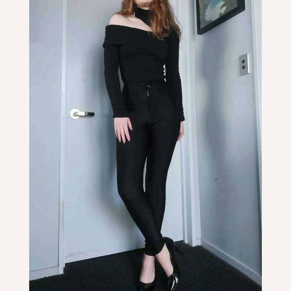 KIMLUD, wsevypo Women High-Collar Hollow-Shoulder T-Shirt Fall Winter Solid Color Long Sleeve Knitted Pullover Tops Chic Slim Fit Tees, KIMLUD Womens Clothes