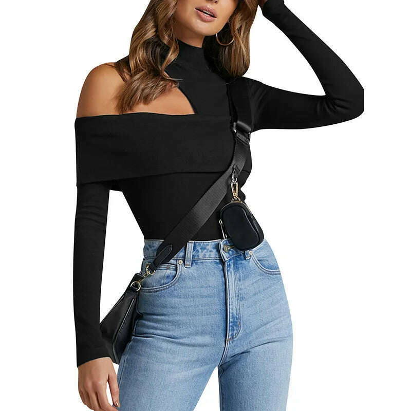 KIMLUD, wsevypo Women High-Collar Hollow-Shoulder T-Shirt Fall Winter Solid Color Long Sleeve Knitted Pullover Tops Chic Slim Fit Tees, KIMLUD Womens Clothes