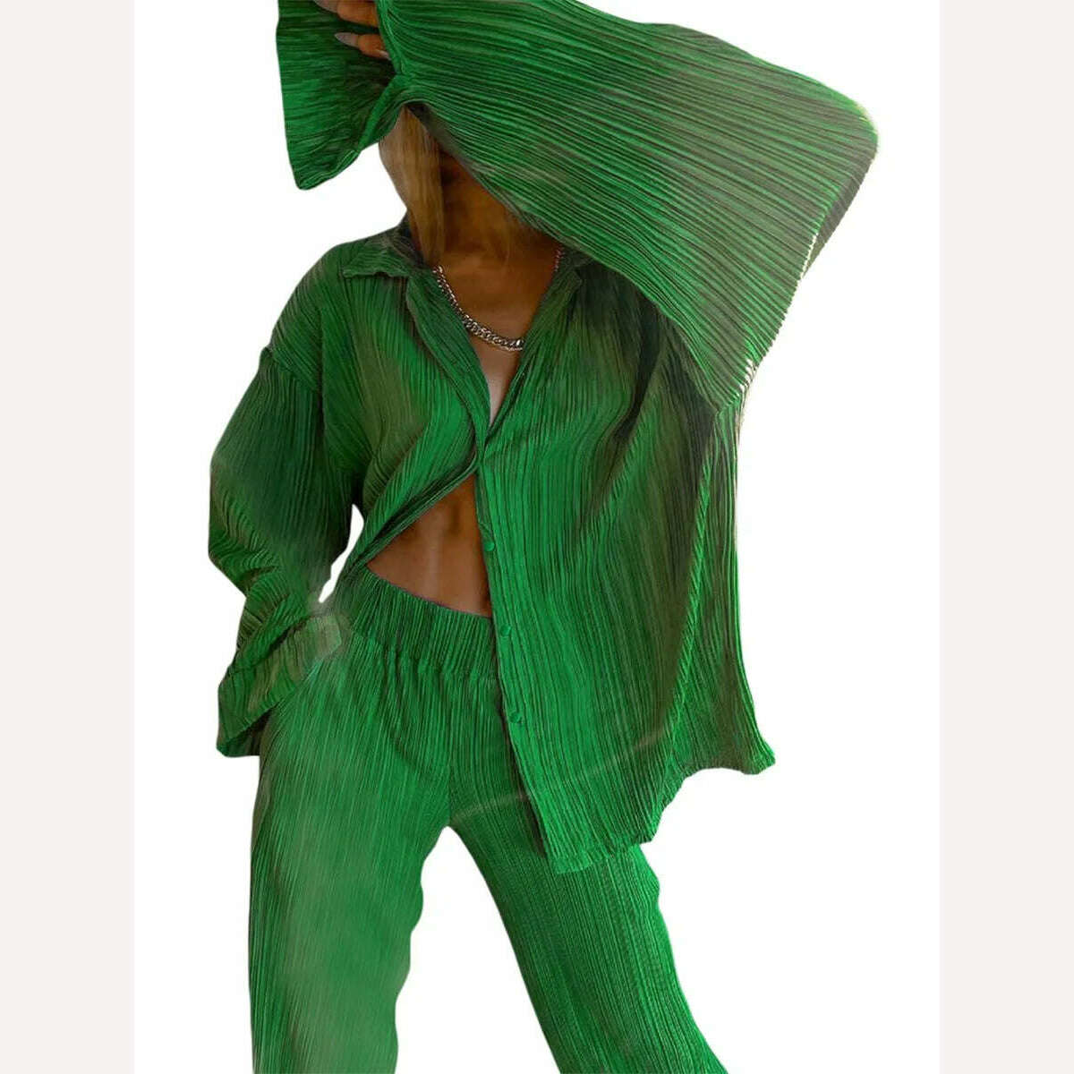 KIMLUD, wsevypo Women Pleated 2 Piece Pants Sets Spring Summer Streetwear Long Sleeve Button Down Shirt+Straight-Leg Pants Loose Outfits, KIMLUD Womens Clothes