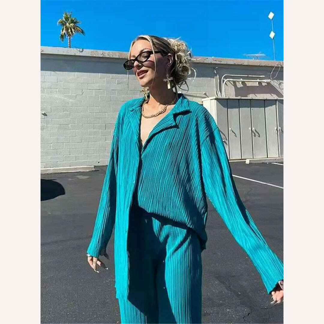 KIMLUD, wsevypo Women Pleated 2 Piece Pants Sets Spring Summer Streetwear Long Sleeve Button Down Shirt+Straight-Leg Pants Loose Outfits, KIMLUD Womens ClothesKIMLUD, wsevypo Women Pleated 2 Piece Pants Sets Spring Summer Streetwear Long Sleeve Button Down Shirt+Straight-Leg Pants Loose Outfits, Blue / L, KIMLUD APPAREL - Womens Clothes