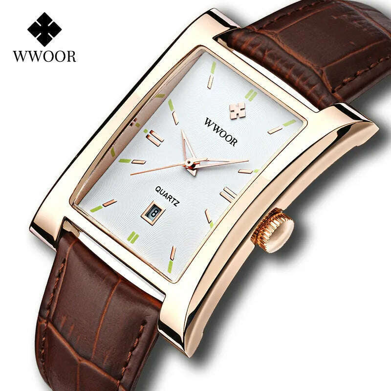 KIMLUD, WWOOR Brand Classic Fashion Mens Rectangle Watches Male Gold Brown Leather Quartz Waterproof Wrist Watch For Men Calendar Clocks, KIMLUD Womens Clothes