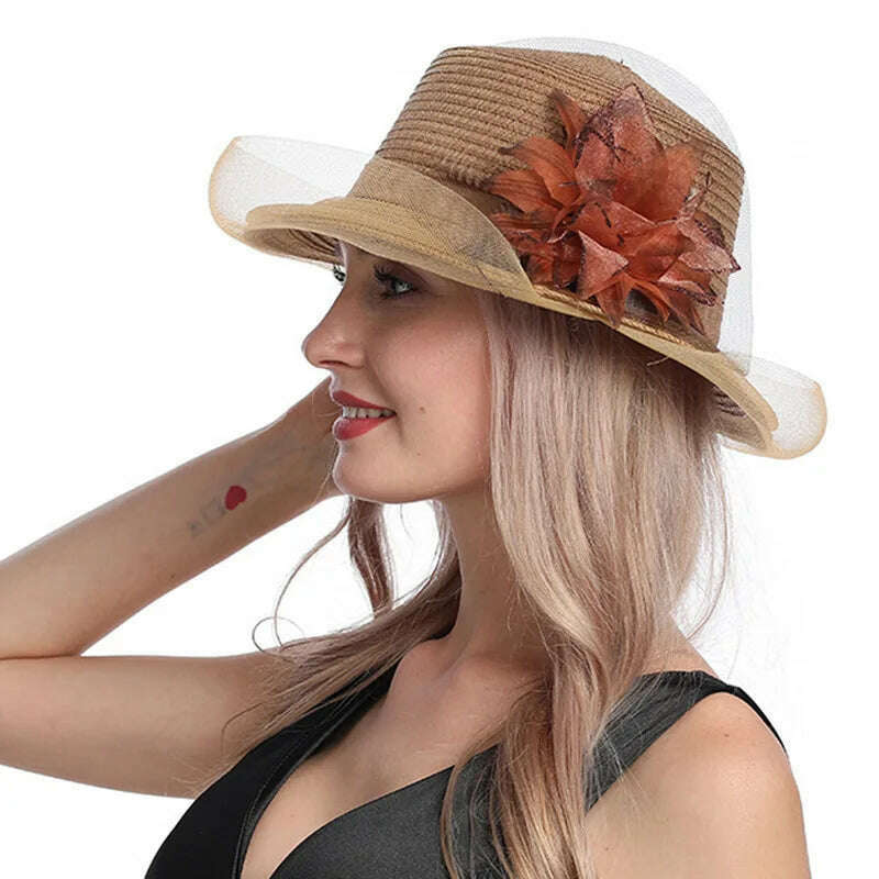 KIMLUD, X097 Summer Fashion Big Brim Sun Hat Wave Edge Temperament Leisure Sunshade Hat Women's Organza Big Flower Fisherman Hat, KIMLUD Womens Clothes
