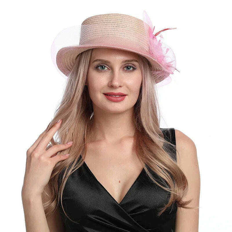 KIMLUD, X097 Summer Fashion Big Brim Sun Hat Wave Edge Temperament Leisure Sunshade Hat Women's Organza Big Flower Fisherman Hat, Pink / Adjustable, KIMLUD Womens Clothes