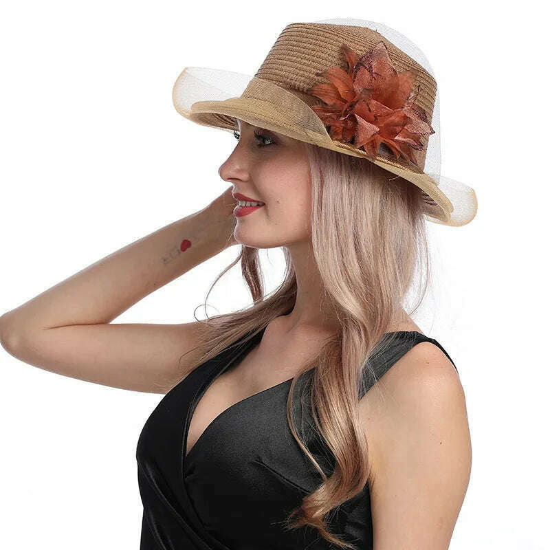 KIMLUD, X097 Summer Fashion Big Brim Sun Hat Wave Edge Temperament Leisure Sunshade Hat Women's Organza Big Flower Fisherman Hat, Khaki / Adjustable, KIMLUD Womens Clothes