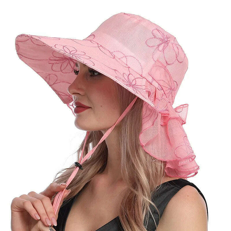 KIMLUD, X107 Fashion Embroidery Organza Hat Foldable Fashion Women's  Bucket Hats Wide Brim Neck Protective Sun Caps Adjustable, KIMLUD Womens Clothes
