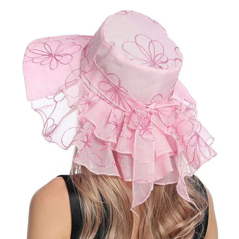 KIMLUD, X107 Fashion Embroidery Organza Hat Foldable Fashion Women's Bucket Hats Wide Brim Neck Protective Sun Caps Adjustable, KIMLUD Womens Clothes