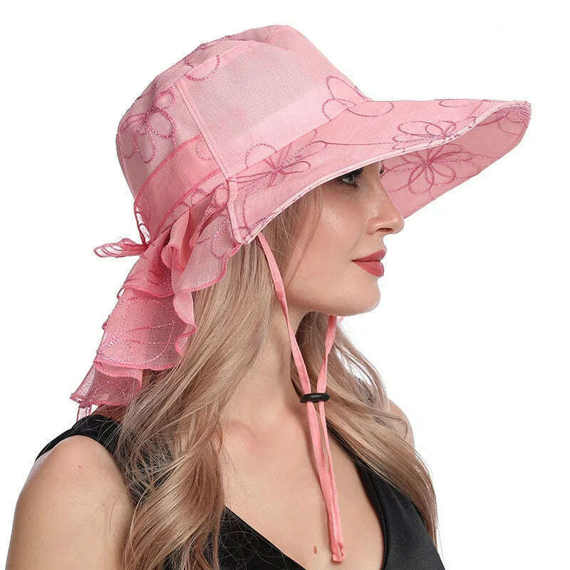 KIMLUD, X107 Fashion Embroidery Organza Hat Foldable Fashion Women's Bucket Hats Wide Brim Neck Protective Sun Caps Adjustable, KIMLUD Womens Clothes