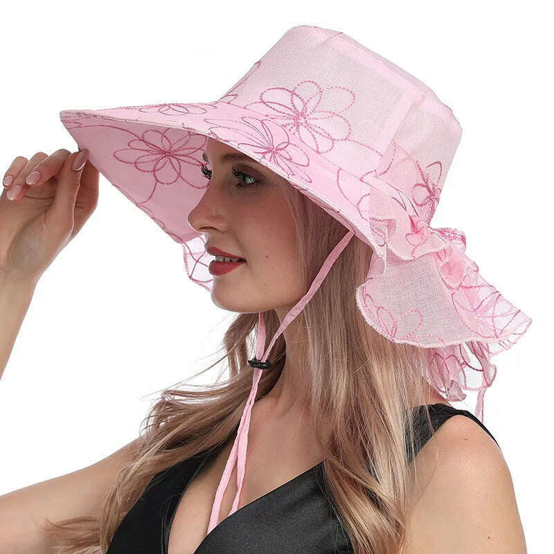 KIMLUD, X107 Fashion Embroidery Organza Hat Foldable Fashion Women's  Bucket Hats Wide Brim Neck Protective Sun Caps Adjustable, Pink / Adjustable, KIMLUD Womens Clothes
