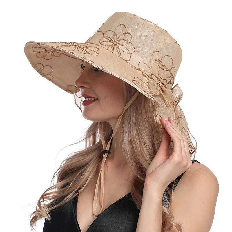 KIMLUD, X107 Fashion Embroidery Organza Hat Foldable Fashion Women's Bucket Hats Wide Brim Neck Protective Sun Caps Adjustable, Khaki / Adjustable, KIMLUD APPAREL - Womens Clothes