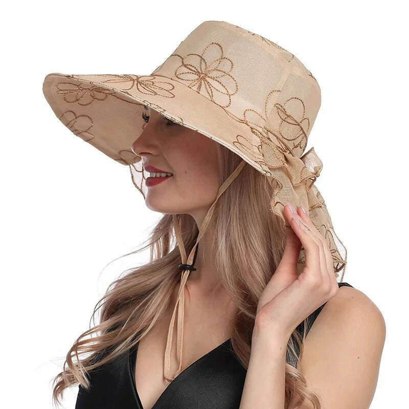 KIMLUD, X107 Fashion Embroidery Organza Hat Foldable Fashion Women's  Bucket Hats Wide Brim Neck Protective Sun Caps Adjustable, Khaki / Adjustable, KIMLUD Womens Clothes