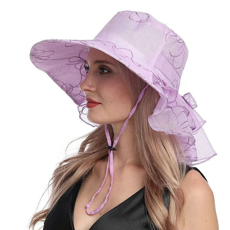 KIMLUD, X107 Fashion Embroidery Organza Hat Foldable Fashion Women's Bucket Hats Wide Brim Neck Protective Sun Caps Adjustable, PURPLE / Adjustable, KIMLUD APPAREL - Womens Clothes