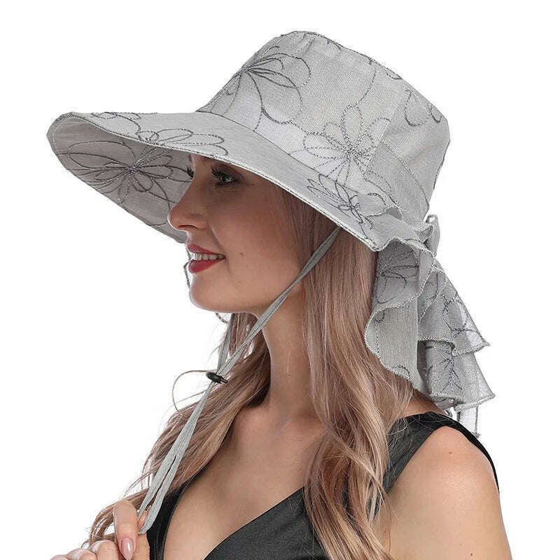 KIMLUD, X107 Fashion Embroidery Organza Hat Foldable Fashion Women's Bucket Hats Wide Brim Neck Protective Sun Caps Adjustable, Gray / Adjustable, KIMLUD APPAREL - Womens Clothes