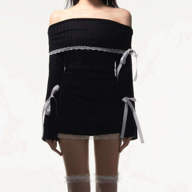 KIMLUD, Xeemilo Elegant Slash-neck Long Sleeve Dress Sexy Lace Patchwork Multi Bow Bandage Mini Dress Autumn Street Party Women Vestidos, KIMLUD Womens Clothes