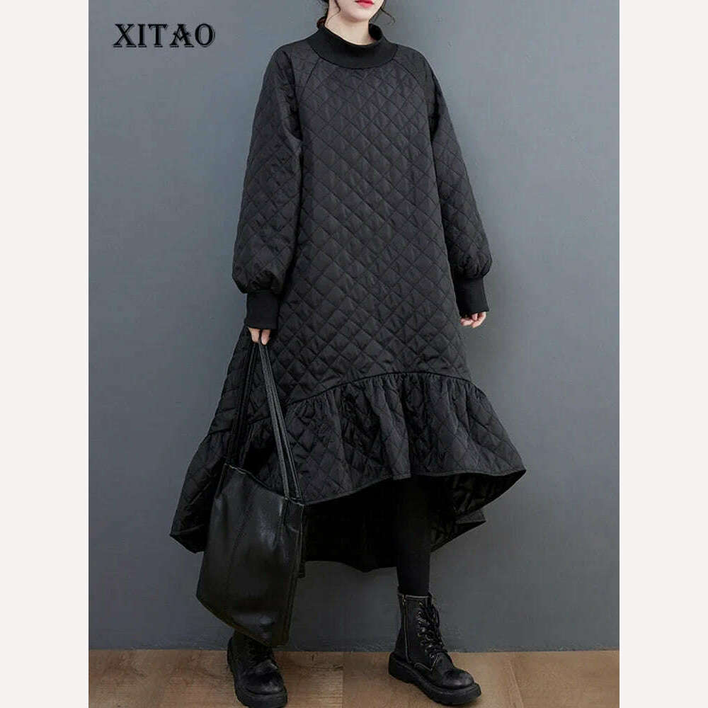 KIMLUD, XITAO Loose Irregular Dress Personality Ruffles Women 2023 Autumn Winter New Casual Fashion Trend Vintage Dress HQQ1638, KIMLUD Womens Clothes