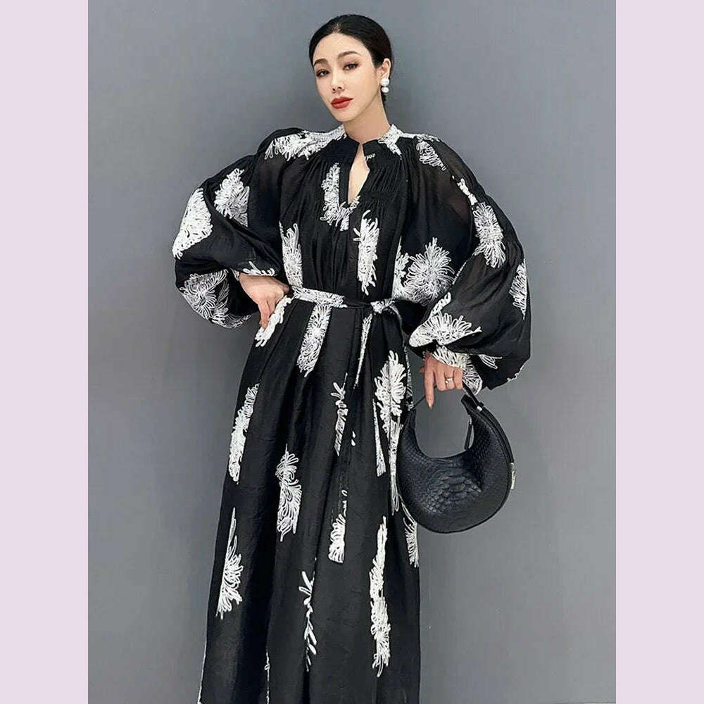 KIMLUD, XITAO Loose Print Dress Fashion Temperament Elegant Goddess Fan Women Autumn New Arrival V-neck Appear Thin Dress HQQ1452, KIMLUD Womens Clothes