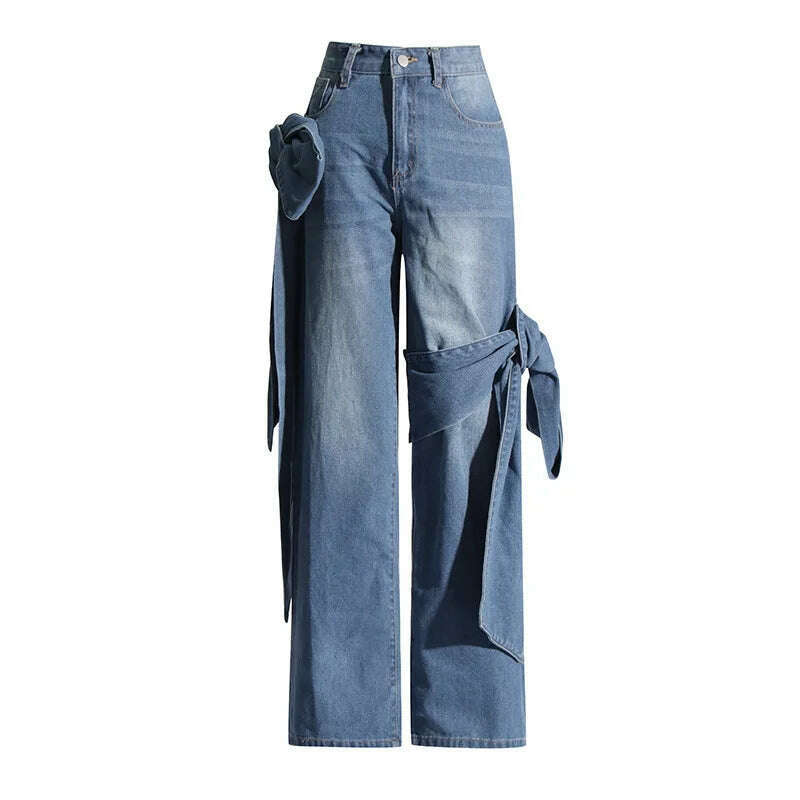 KIMLUD, XIWEN Casual Pants 2024 New Niche Patchwork Bow Design High Waisted Straight Leg Jeans For Women's Fashion XF1408, M / Blue, KIMLUD APPAREL - Womens Clothes