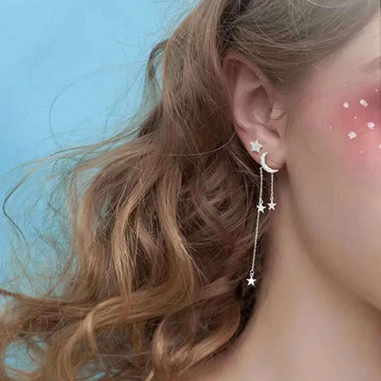 KIMLUD, XIYANIKE Silver Color Moon Stars Tassel Earrings Charm Women Asymmetry Jewelry New Fashion Elegant Party Accessories Gift, KIMLUD Womens Clothes