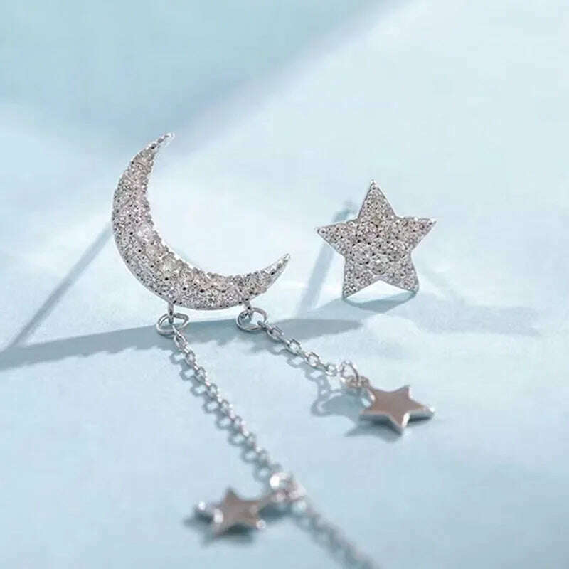 KIMLUD, XIYANIKE Silver Color Moon Stars Tassel Earrings Charm Women Asymmetry Jewelry New Fashion Elegant Party Accessories Gift, KIMLUD Womens Clothes