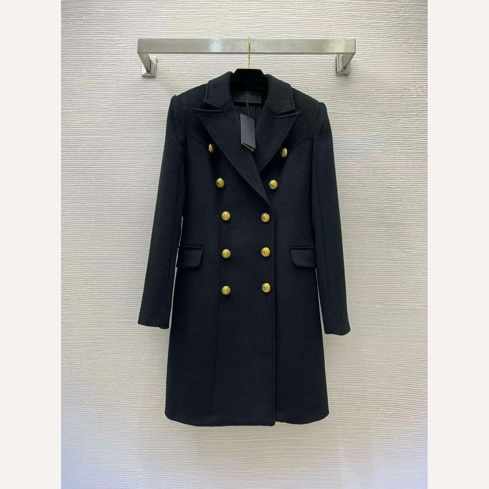 KIMLUD, Y1127 New Style High-end Custom thickened Warm tweed fabric, Double-breasted slim version lapel long sleeve long coat, black / S, KIMLUD APPAREL - Womens Clothes