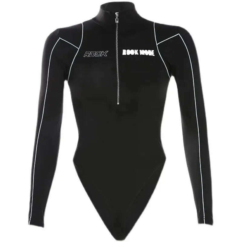 KIMLUD, Y2K Bodysuit Black High-neck reflective zipper one-piece tops women tight bottoming sexy body T-shirt Long Sleeve Bodysuit Women, KIMLUD Womens Clothes