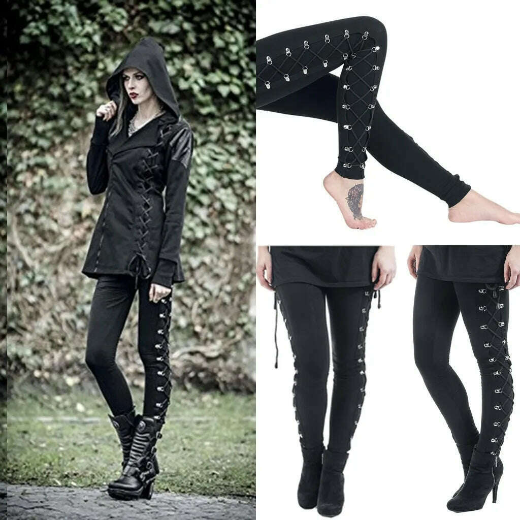KIMLUD, Y2k Gothic Pants Women Ladies Harajuku Side Lace Up Leggings Black Skinny Pans Trousers Streetwear Vintage Punk Gothic Trousers, Black / S / United States, KIMLUD APPAREL - Womens Clothes