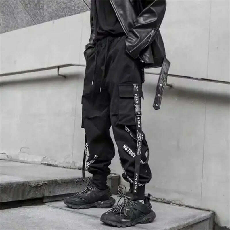 Y2K Joggers Cargo Pants For Men Casual Hip Hop Pocket Male Trousers Sweatpants Street Ribbons Techwear White Pant Pantalon Homme - KIMLUD
