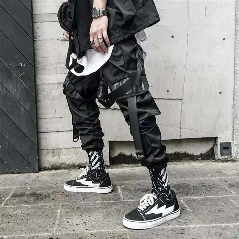 Y2K Joggers Cargo Pants For Men Casual Hip Hop Pocket Male Trousers Sweatpants Street Ribbons Techwear White Pant Pantalon Homme - KIMLUD