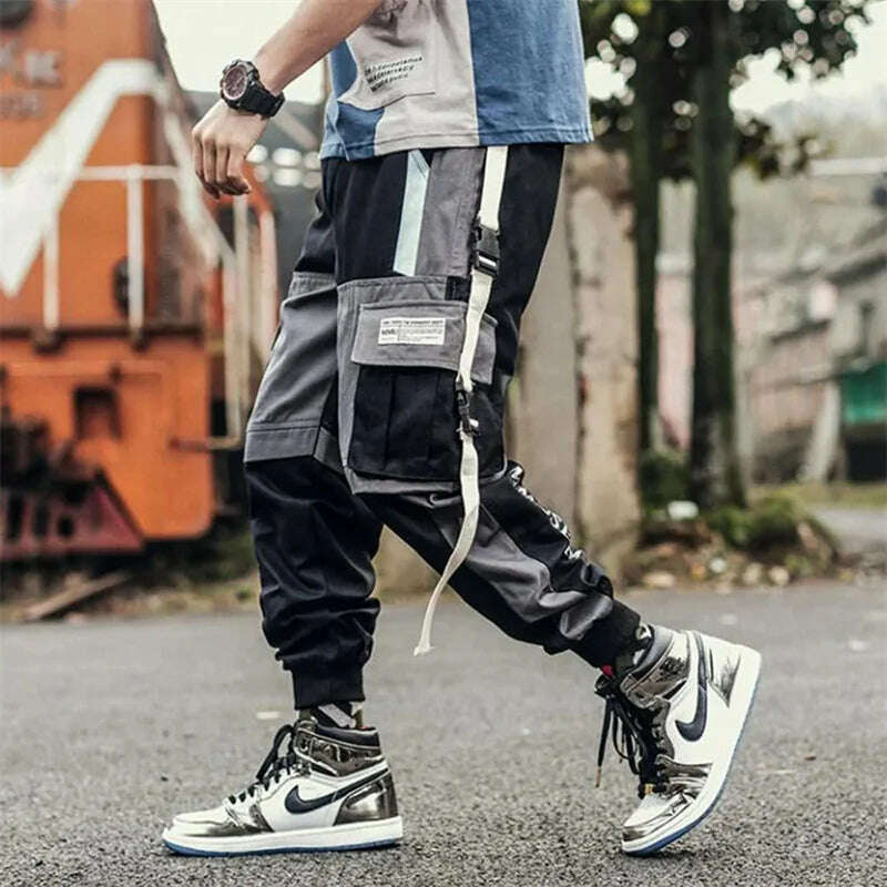 Y2K Joggers Cargo Pants For Men Casual Hip Hop Pocket Male Trousers Sweatpants Street Ribbons Techwear White Pant Pantalon Homme - KIMLUD