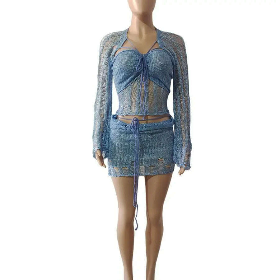 KIMLUD, Y2k Sequined Two Piece Knitting Set Women Hollow Out Crop Top Luxury Wrap Dress 2023 Fashion Club Cloth Female 2 Piece Skirt Set, KIMLUD Womens ClothesKIMLUD, Y2k Sequined Two Piece Knitting Set Women Hollow Out Crop Top Luxury Wrap Dress 2023 Fashion Club Cloth Female 2 Piece Skirt Set, Blue / S, KIMLUD APPAREL - Womens Clothes