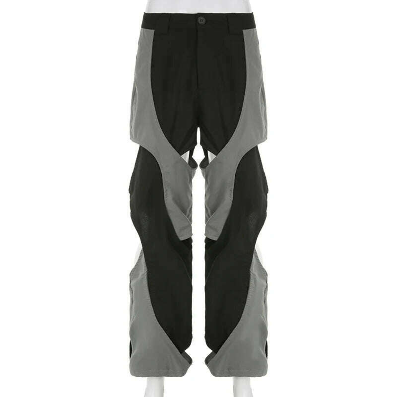KIMLUD, y2k Techwear Casual Pants Chic Contrast Hollow Out Baggy Women Cargo Pants Streetwear Low Rise Sweatpants Korean Fashion, KIMLUD Womens Clothes