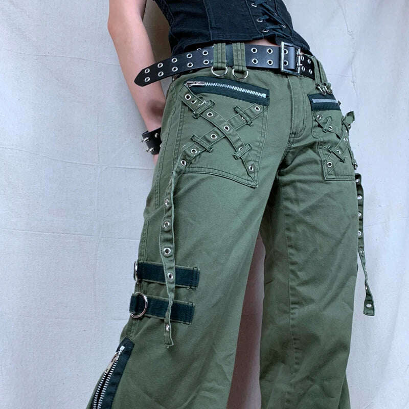 KIMLUD, Y2k Women Green Zipper Jeans Grunge Punk Gothic Baggy Retro Bandage Long Pants Low Rise Cargo Korean Female Sweatpants, KIMLUD Womens Clothes