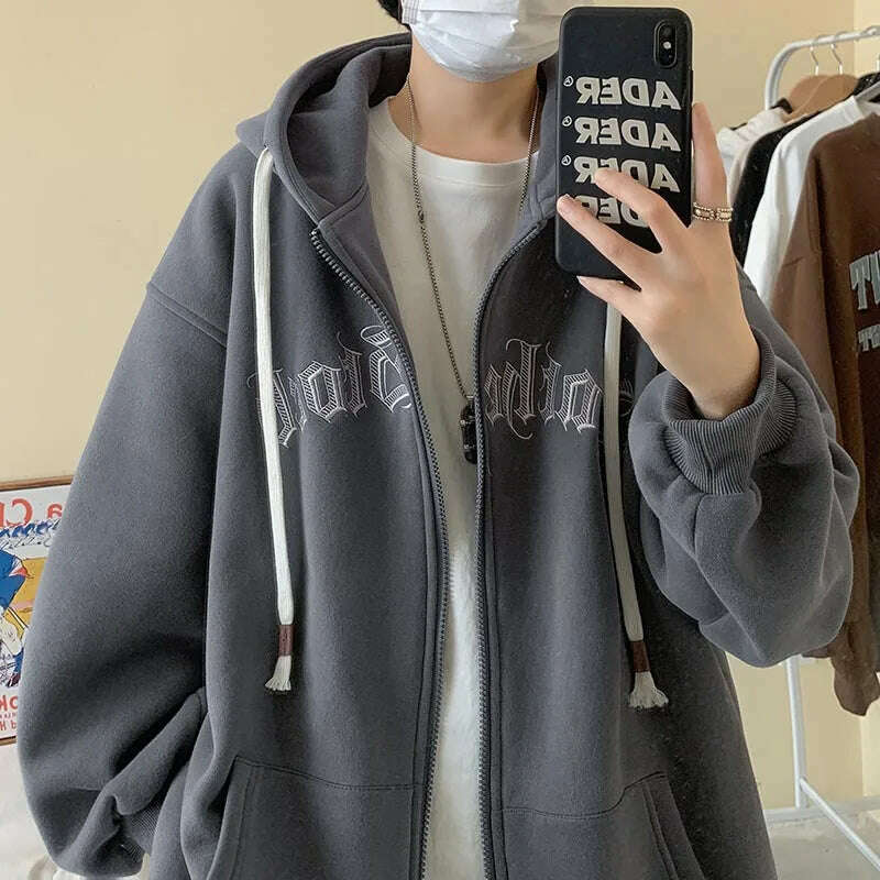 Y2k Women Vintage Zip Up Hoodies Harajuku Casual Letter Print Drawstring Hooded Sweatshirts Korean Goth Streetwear Jackets Coats - KIMLUD