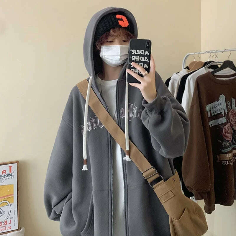 Y2k Women Vintage Zip Up Hoodies Harajuku Casual Letter Print Drawstring Hooded Sweatshirts Korean Goth Streetwear Jackets Coats - KIMLUD