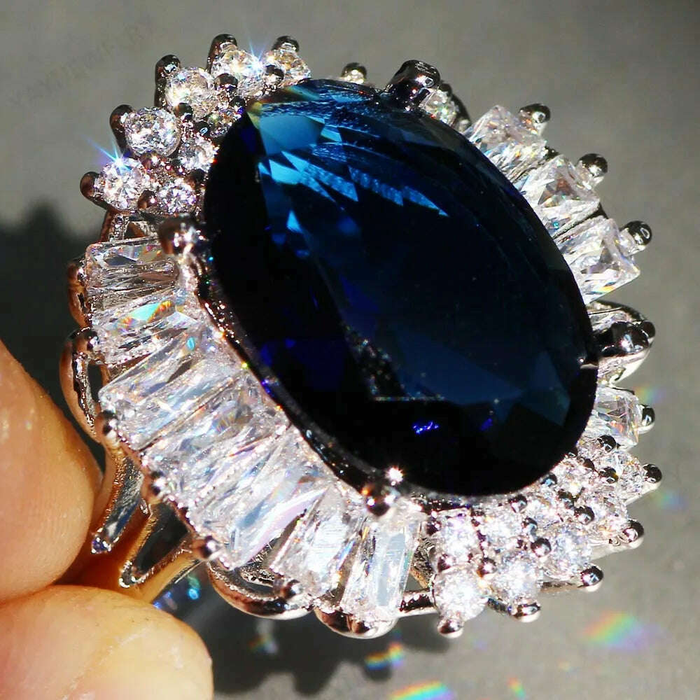 KIMLUD, YaYI Fine Jewelry 12*16mm Gemstone Sapphire Zircon Silver Color Engagement Wedding Valentine's Day Girls Rings, KIMLUD Womens Clothes