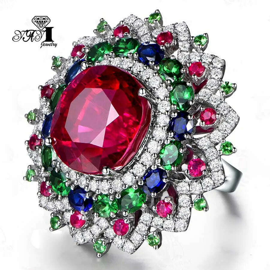 KIMLUD, YaYI Jewelry Princess Cut Red Corundum Gemstones Zircon Silver Color Engagement Wedding Party Precious Rings, 6, KIMLUD APPAREL - Womens Clothes