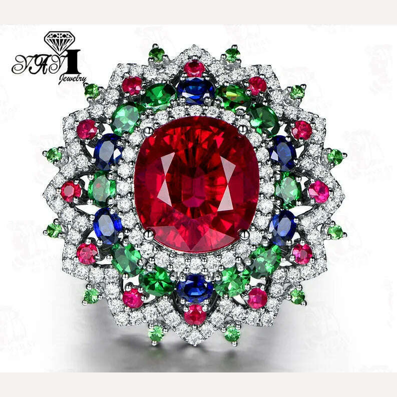 KIMLUD, YaYI Jewelry Princess Cut Red Corundum Gemstones Zircon Silver Color Engagement Wedding Party Precious Rings, KIMLUD Womens Clothes