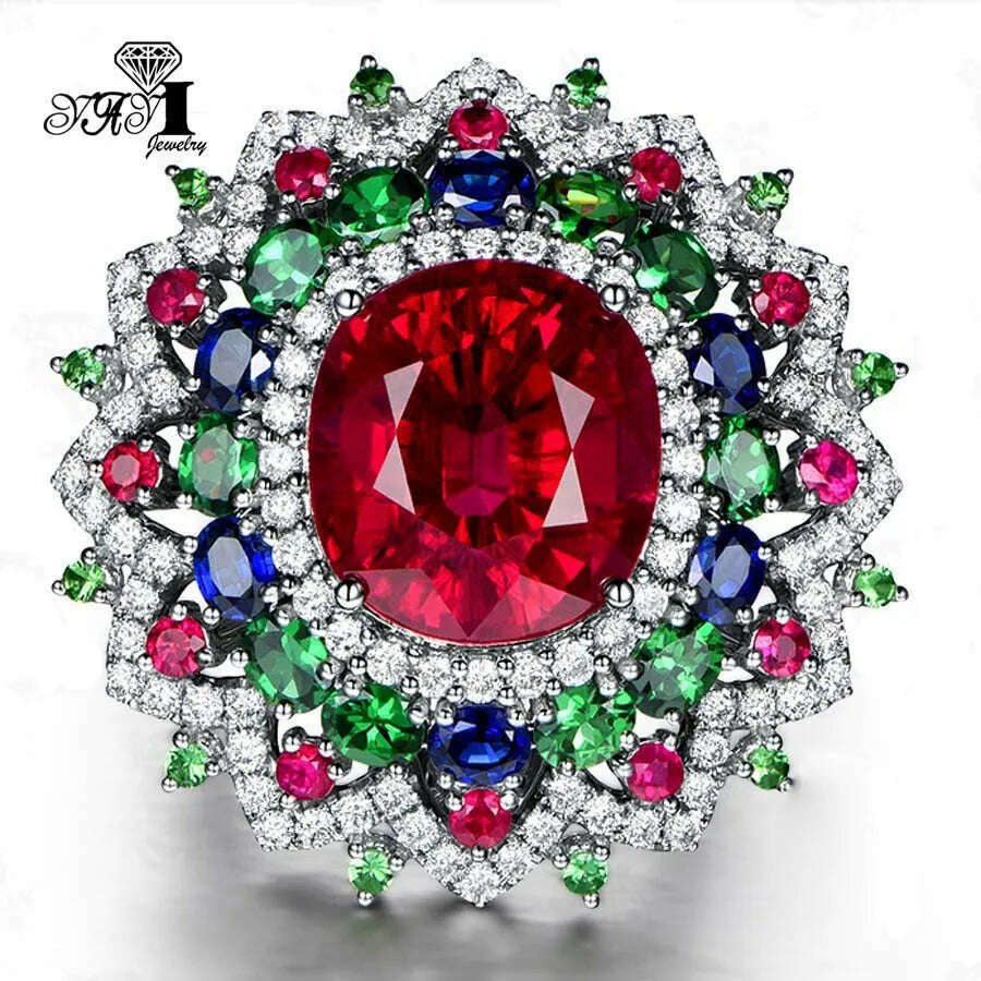 KIMLUD, YaYI Jewelry Princess Cut Red Corundum Gemstones Zircon Silver Color Engagement Wedding Party Precious Rings, KIMLUD Womens Clothes