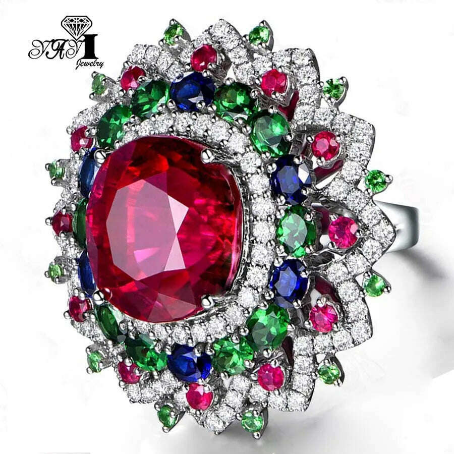KIMLUD, YaYI Jewelry Princess Cut Red Corundum Gemstones Zircon Silver Color Engagement Wedding Party Precious Rings, KIMLUD Womens Clothes