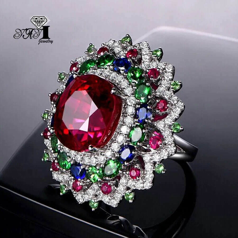 KIMLUD, YaYI Jewelry Princess Cut Red Corundum Gemstones Zircon Silver Color Engagement Wedding Party Precious Rings, KIMLUD Womens Clothes
