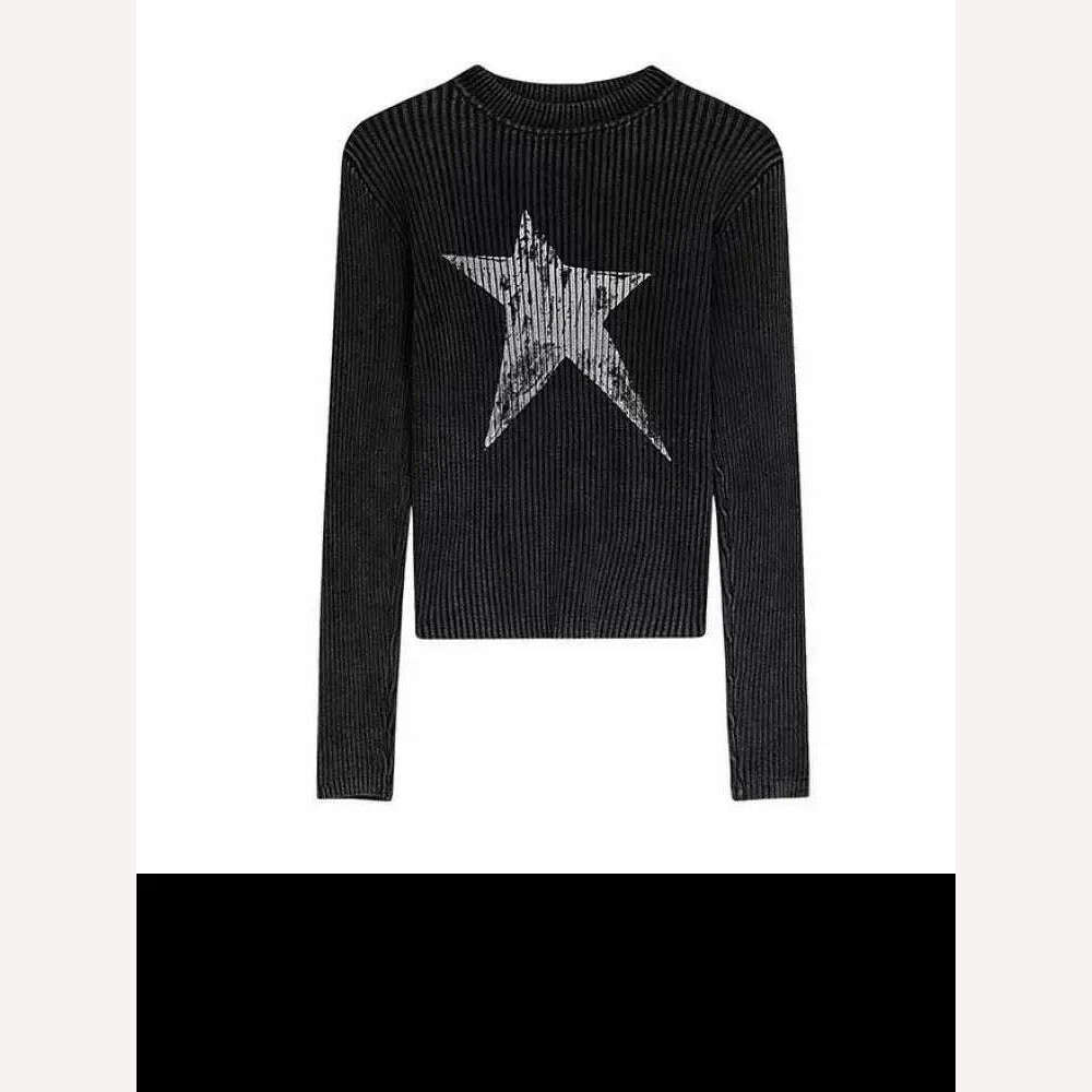 KIMLUD, Yedinas American Retro Print Star Graphic Tees Long Sleeve T Shirt Women Tops Autumn 2023 Korean Fashion Y2k Vintage Slim Tees, KIMLUD Womens ClothesKIMLUD, Yedinas American Retro Print Star Graphic Tees Long Sleeve T Shirt Women Tops Autumn 2023 Korean Fashion Y2k Vintage Slim Tees, black / S, KIMLUD APPAREL - Womens Clothes